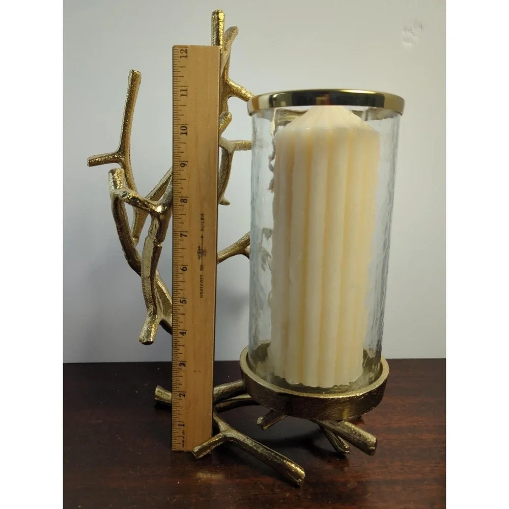 Gold Branch Hurricane Candle Holder Glass Cylinder Lantern Woodland Glam Decor